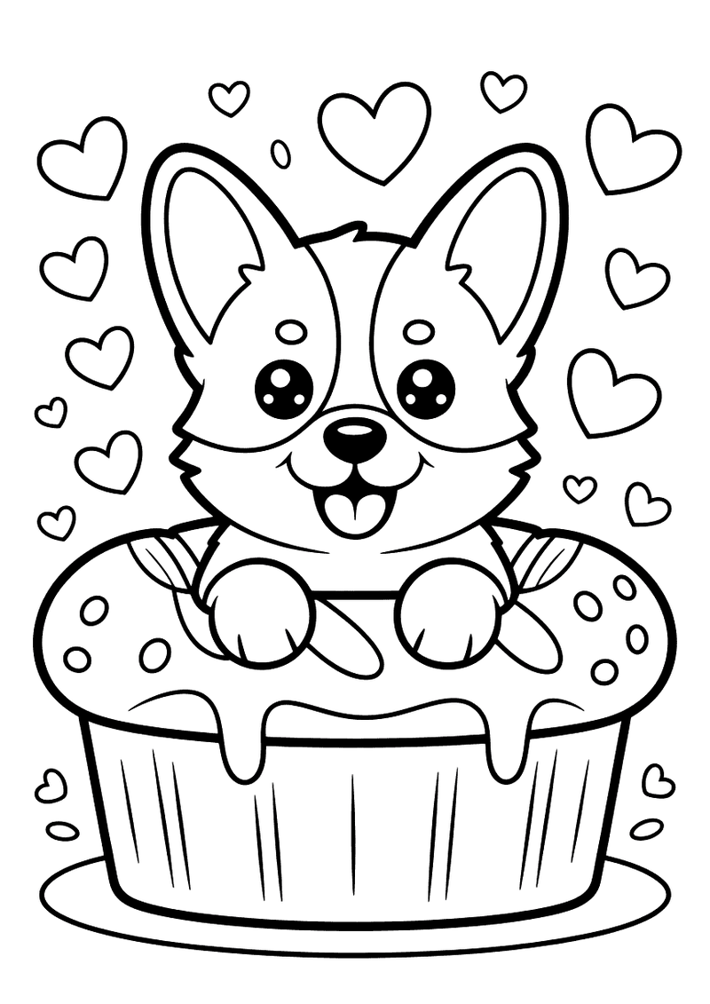 Kawaii kleurplaat van een lachende corgi die in een glazuurde donut zit met hartjes die eromheen zweven