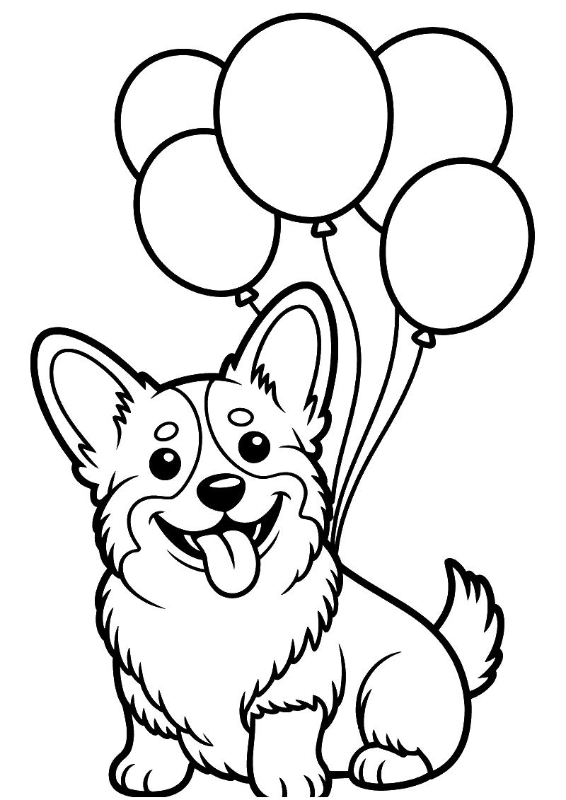 Kleurplaat van een vrolijke Corgi met tong uit zijn bek en vier ronde ballonnen die om hem heen zweven