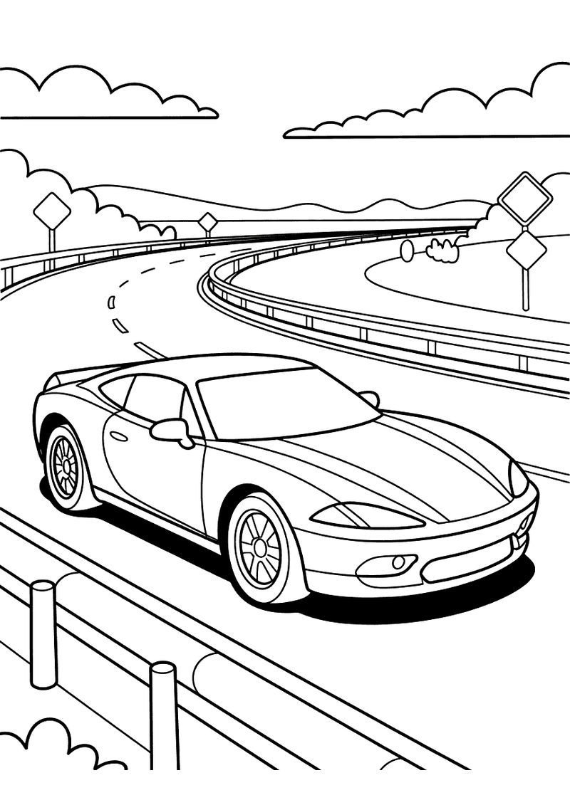 Kleurplaat van een sportieve coupé die over een bochtige snelweg met verkeersborden en vangrail rijdt