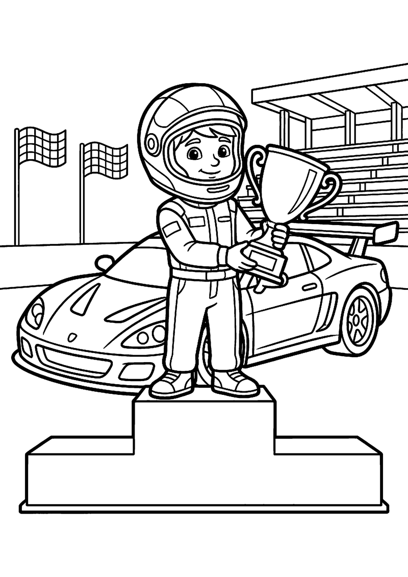 Coureur op Podium met Beker en Raceauto op Achtergrond Formule 1 Kleurplaat — gratis kleurplaat printen