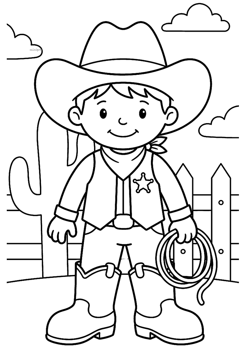 Kleurplaat van een jongen verkleed als cowboy met hoed, zakdoek, sterbadge, laarzen en een lasso bij een hek en cactus