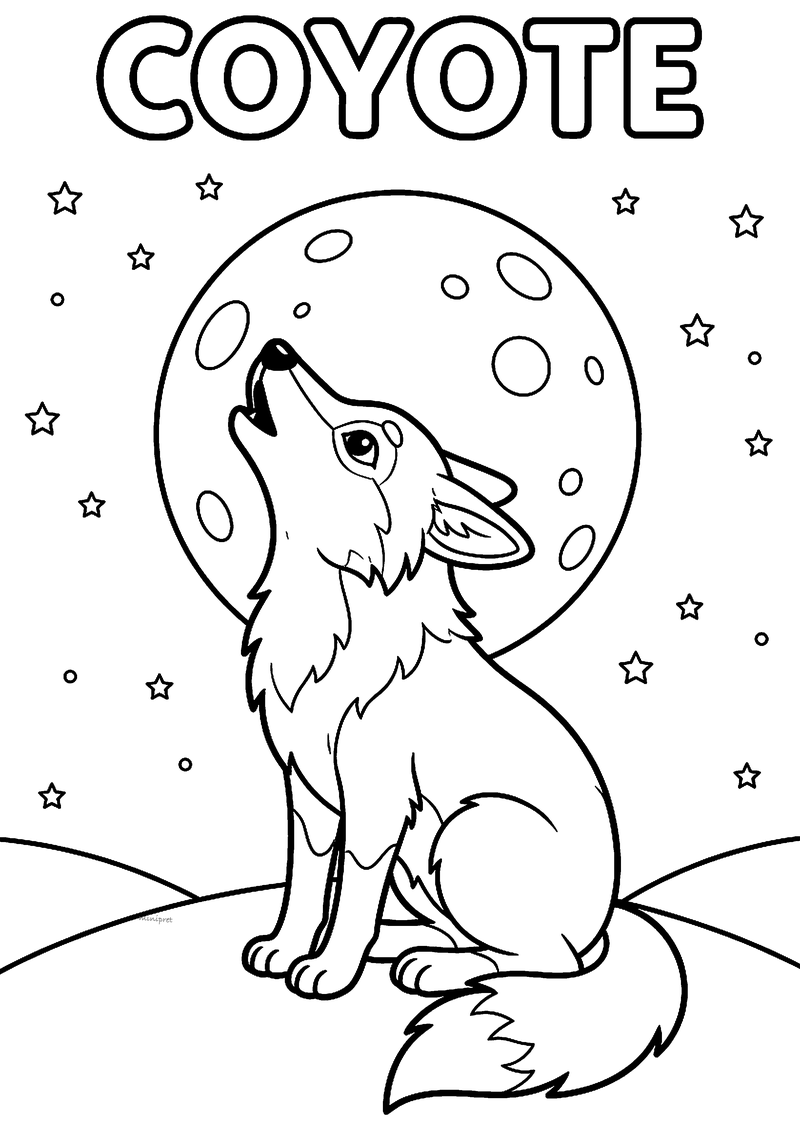 Kleurplaat van een zittende coyote die huilt naar een grote volle maan met kraters en sterren, met COYOTE erboven
