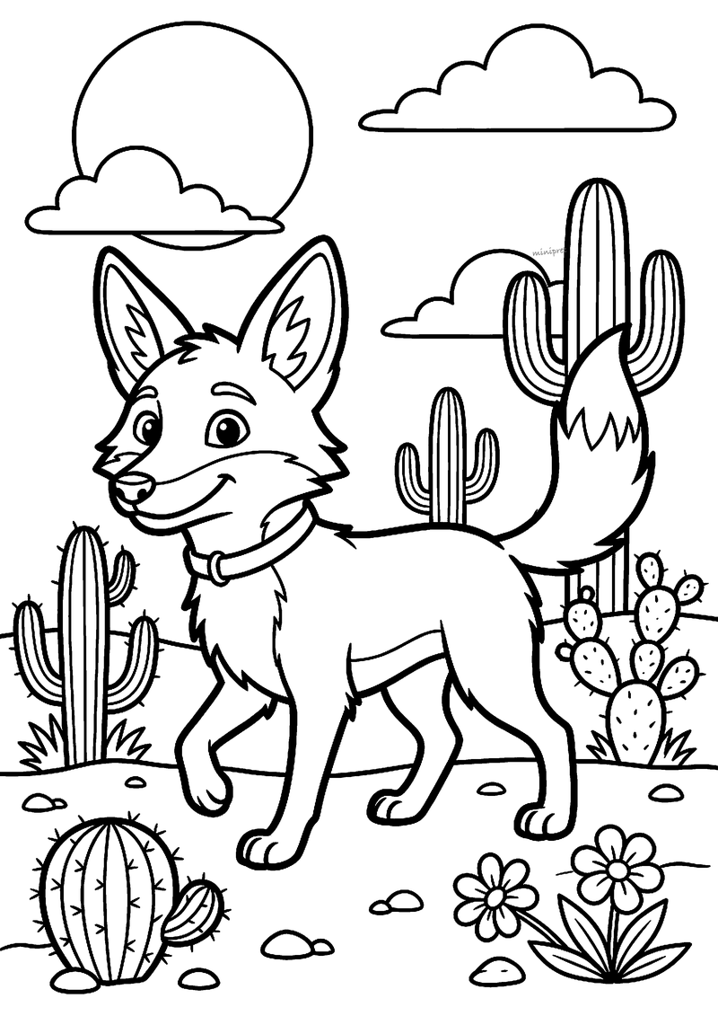 Kleurplaat van een coyote met halsband die door de woestijn loopt tussen cactussen, stenen en bloemen