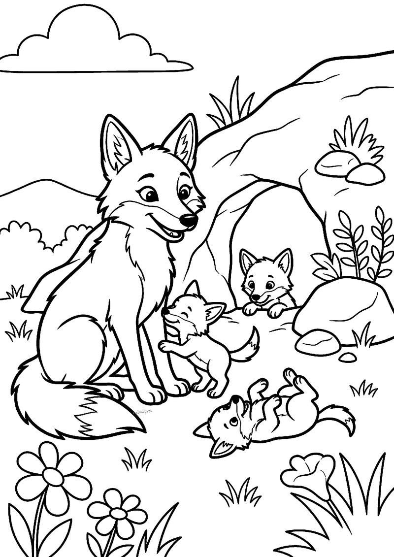 Kleurplaat van een coyotemoeder met drie spelende welpjes bij hun hol onder een rots, met bloemen en gras