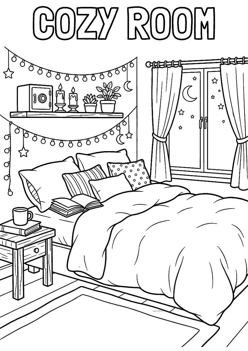 Cozy slaapkamer met lampjes kleurplaat