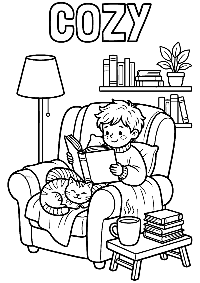 Cozy leeshoek met jongen en kat kleurplaat