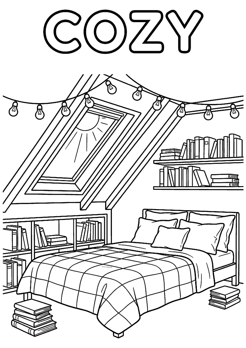 Cozy zolderkamer met dakraam kleurplaat