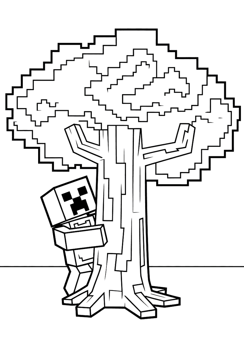 Creeper verstopt zich achter boom kleurplaat — gratis kleurplaat