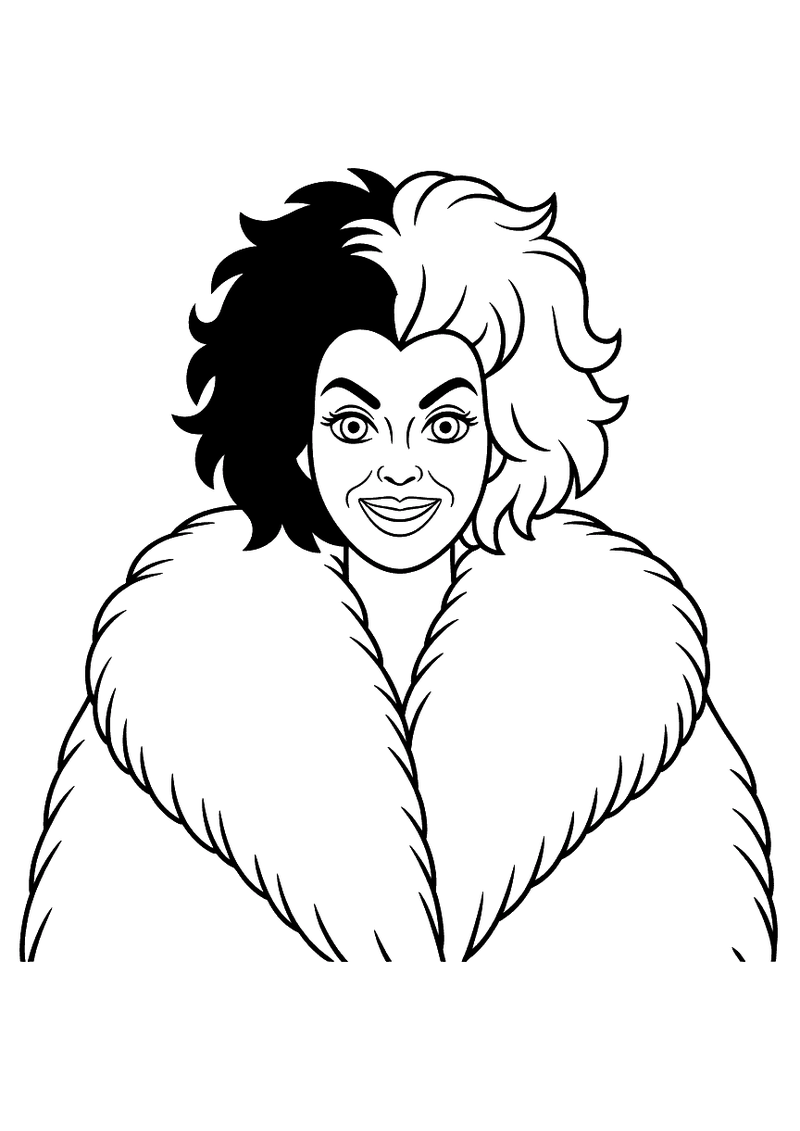 Cruella de Vil in Bontjas — gratis kleurplaat