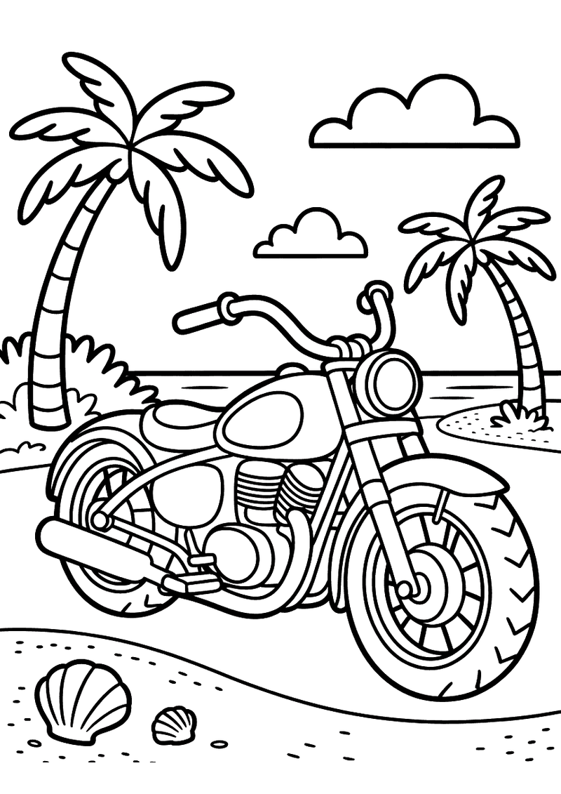 Cruiser motor op het strand kleurplaat — gratis kleurplaat