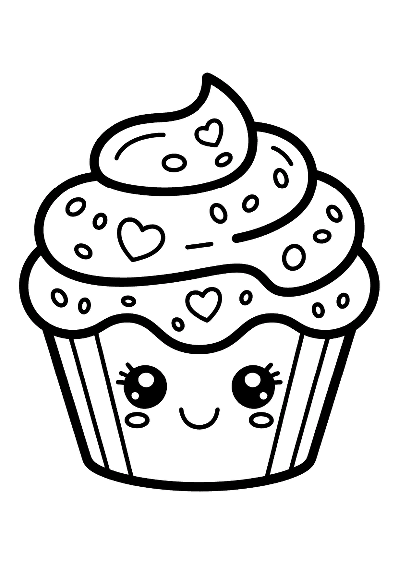 Kawaii kleurplaat van een lachende cupcake met opgeslagen slagroom versierd met hartjes en rondjes, en grote wimperoogje