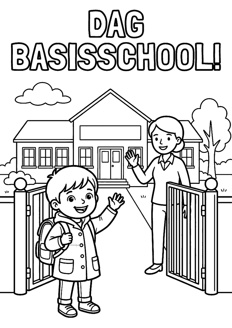 Kleurplaat van een zwaaiende jongen met rugzak bij het schoolhek en een zwaaiende juf, met de tekst Dag basisschool