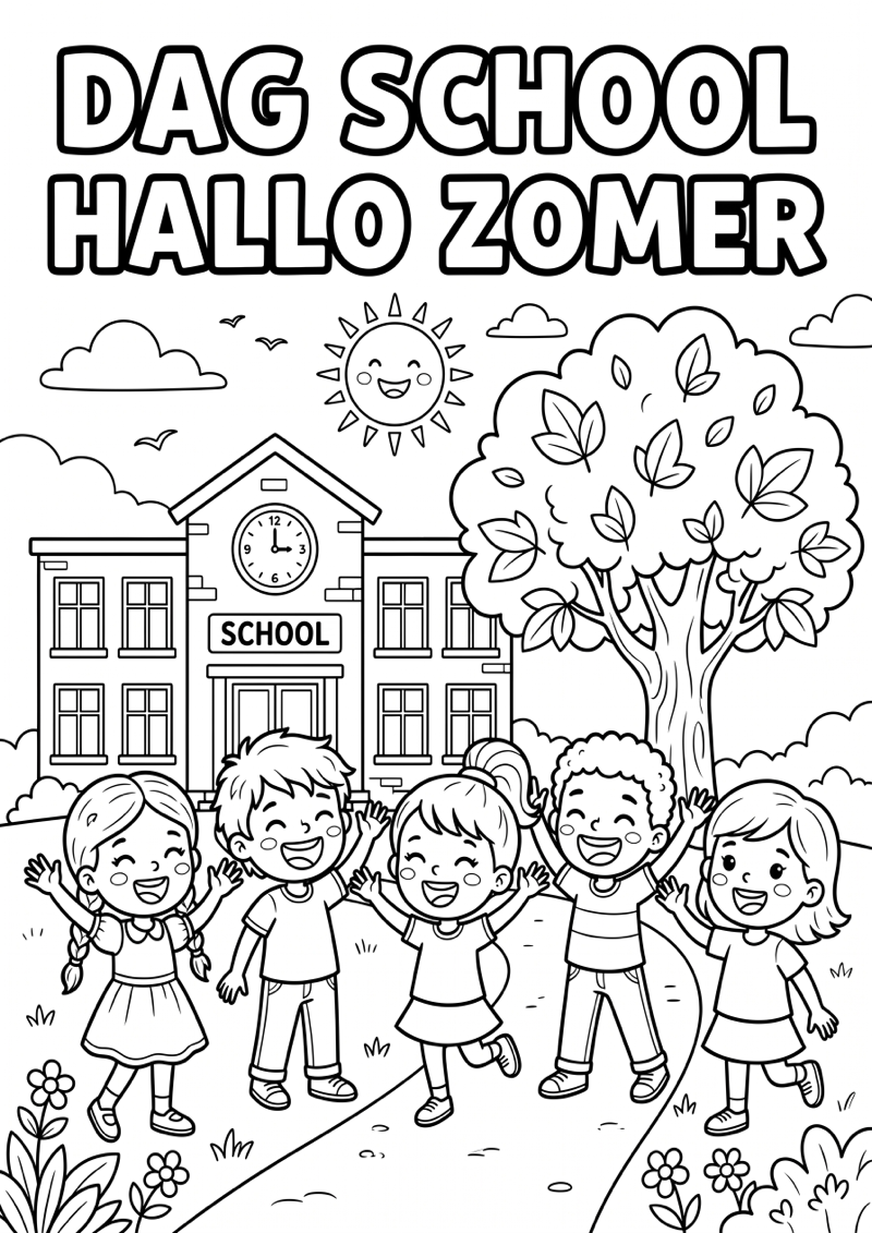 Dag School Hallo Zomer Einde Schooljaar Kleurplaat — gratis kleurplaat