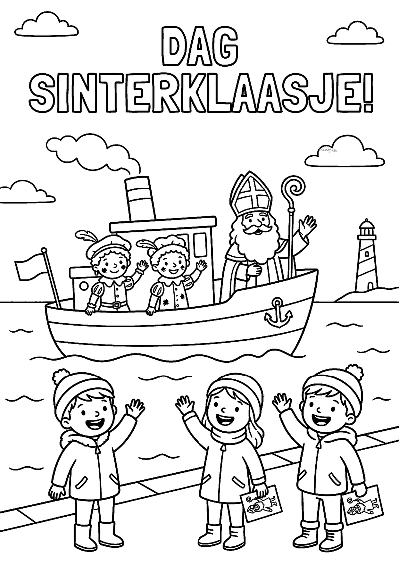 Kleurplaat van Sinterklaas en twee Pieten op de stoomboot, drie kinderen zwaaien op de kade, tekst DAG SINTERKLAASJE!