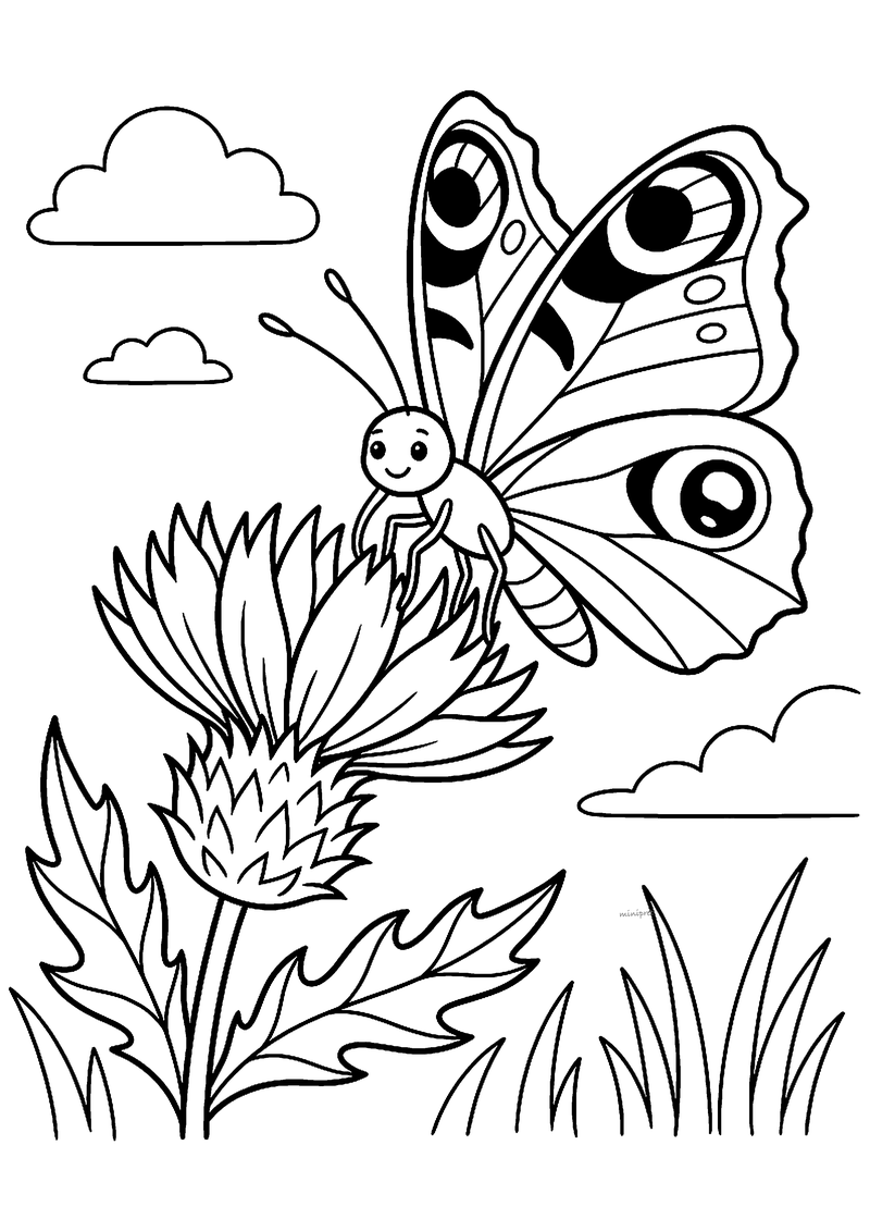 Kleurplaat van een lachende dagpauwoog met oogvlekken op zijn vleugels die op een bloeiende distel zit, met wolken