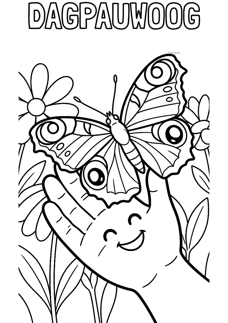 Kleurplaat van een dagpauwoog met grote oogvlekken die op een lachende kinderhand zit tussen bloemen, DAGPAUWOOG erboven