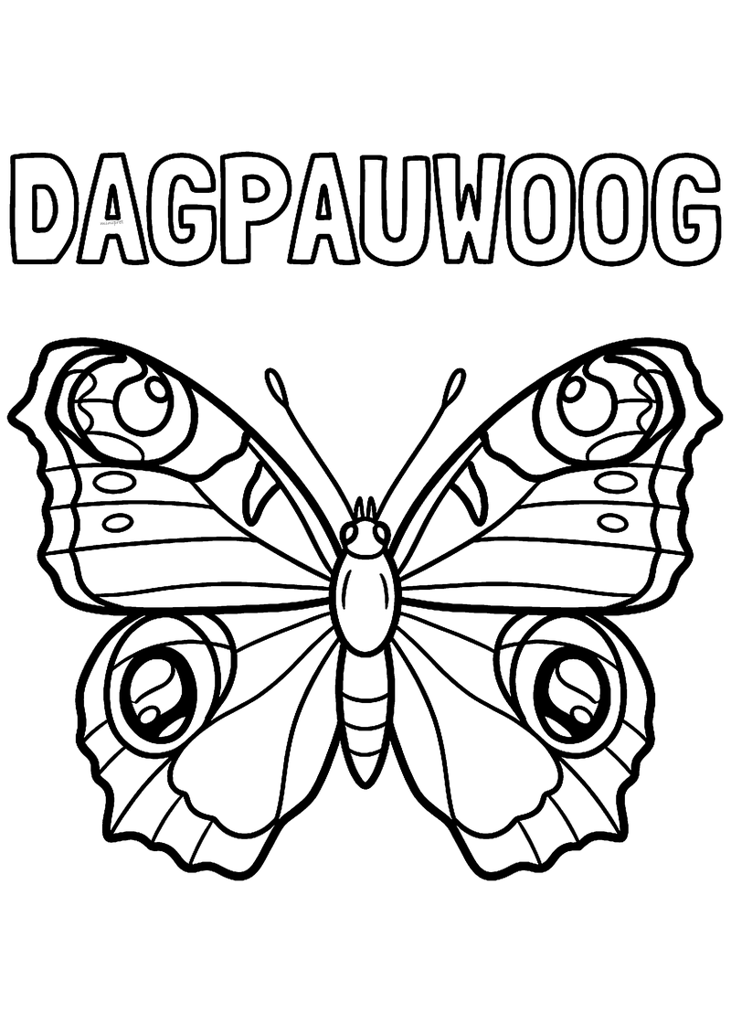 Kleurplaat van een dagpauwoog vlinder met wijd open vleugels en vier grote oogvlekken, onder het woord DAGPAUWOOG