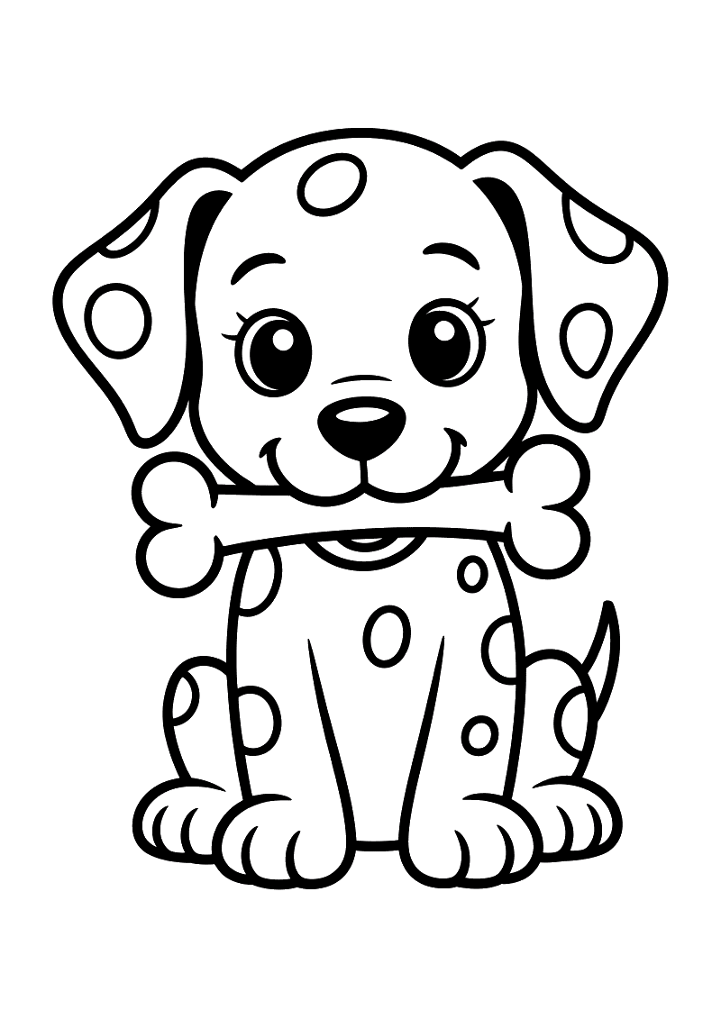 Kleurplaat van een jonge Dalmatiër met grote ogen die een been vasthoudt in zijn bek, met ronde vlekken op zijn lichaam