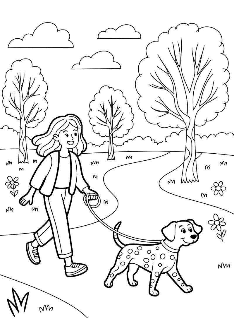 Kleurplaat van een vrouw die met een Dalmatiër aan de riem wandelt op een pad in een park met bomen en bloemen