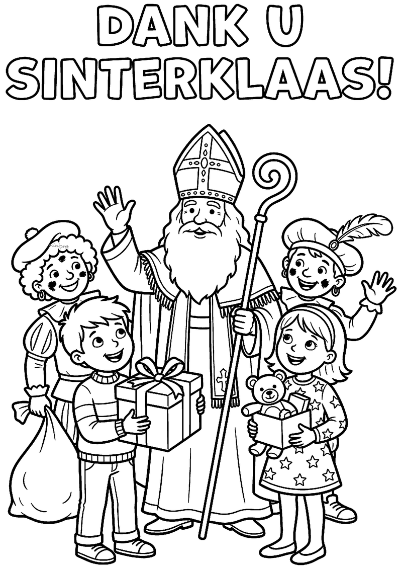 Kleurplaat van Sinterklaas met twee Pieten en twee kinderen met cadeaus, met de tekst DANK U SINTERKLAAS!
