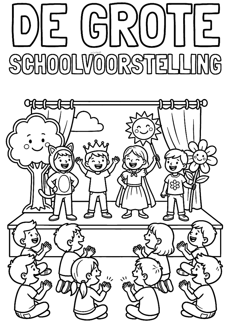 Kleurplaat van vier verklede kinderen op een podium als kat, koning, prinses en bloem met publiek