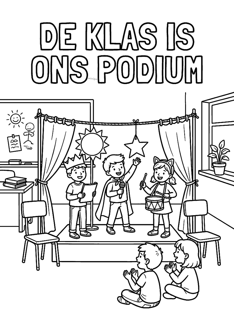 Kleurplaat van drie kinderen die optreden op een podium in de klas met gordijnen en een zon en ster