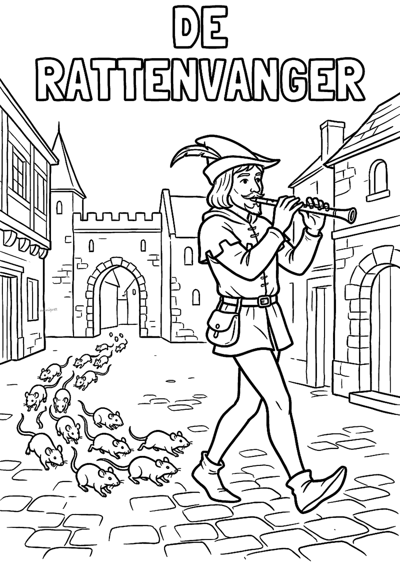 Kleurplaat van de rattenvanger van Hamelen die fluit speelt terwijl een stoet ratten hem volgt door de straat
