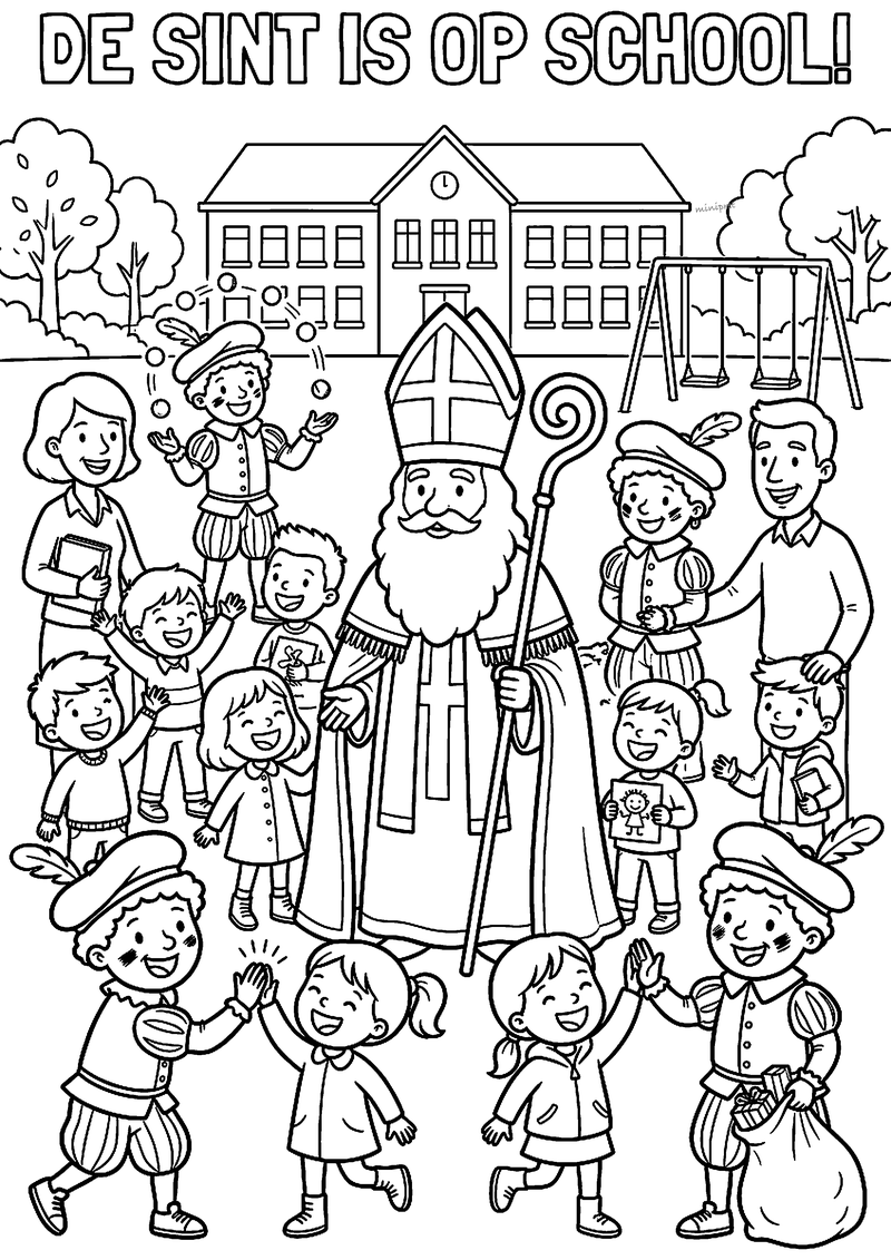 Kleurplaat van Sinterklaas op een plein tussen juichende kinderen en Pieten, met de tekst DE SINT IS OP SCHOOL!