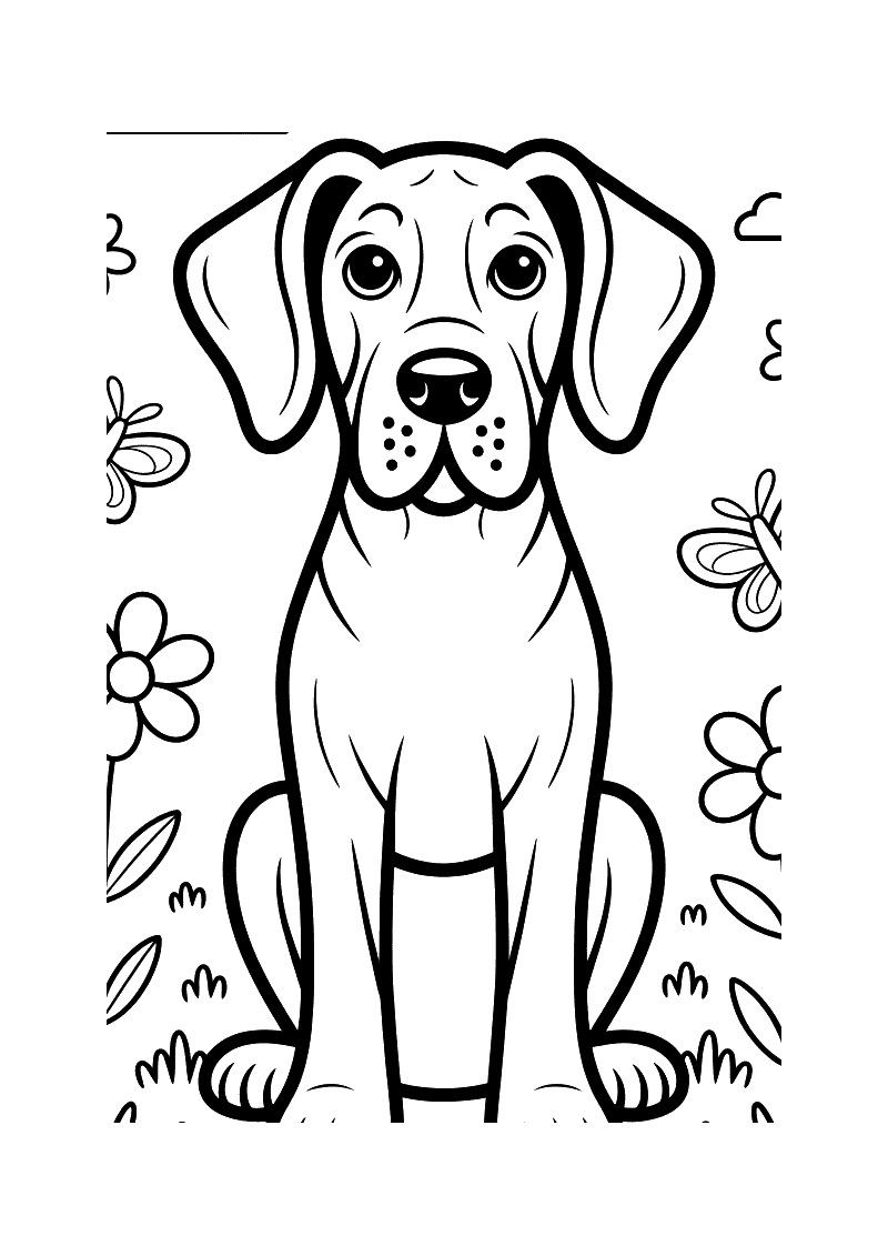Kleurplaat van een grote Deense Dog die zit in een weide met bloemen, vlinders en grassprieten om hem heen