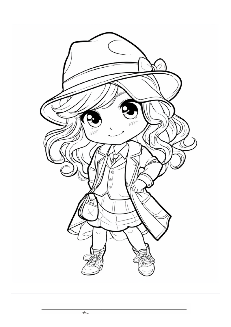 Detective Meisje Chibi Hoed Kleurplaat — gratis kleurplaat