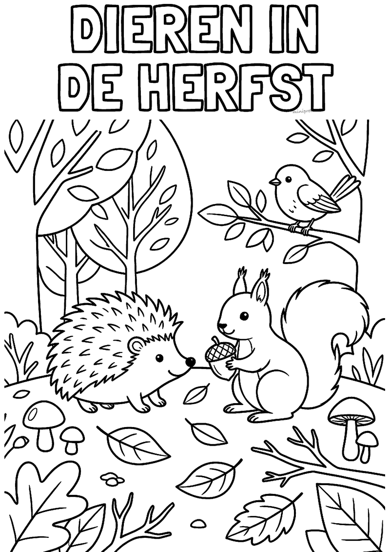Kleurplaat van een egel, een eekhoorn met eikel en een vogel op een tak tussen herfstbladeren en paddenstoelen
