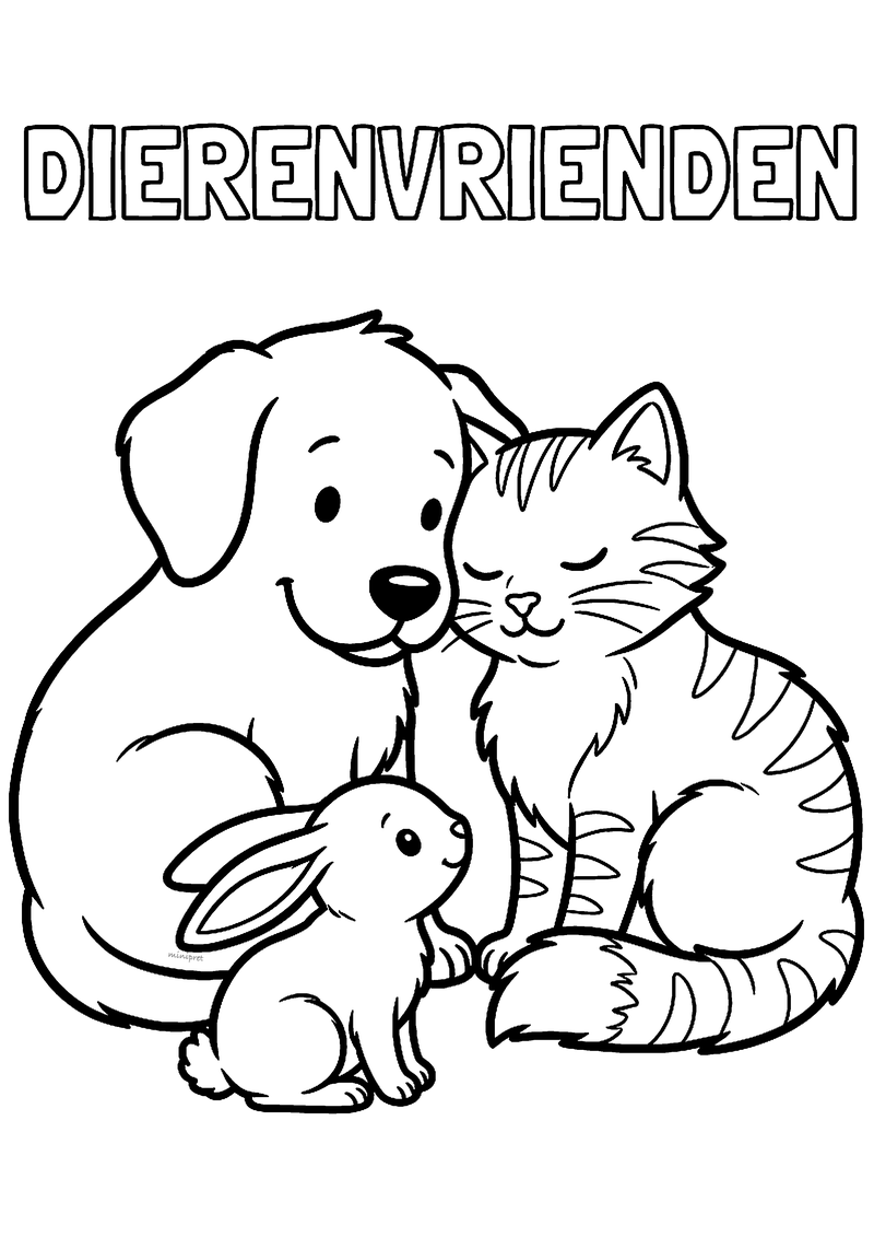 Kleurplaat met tekst Dierenvrienden: een hond, een gestreepte kat en een konijntje zitten knus tegen elkaar
