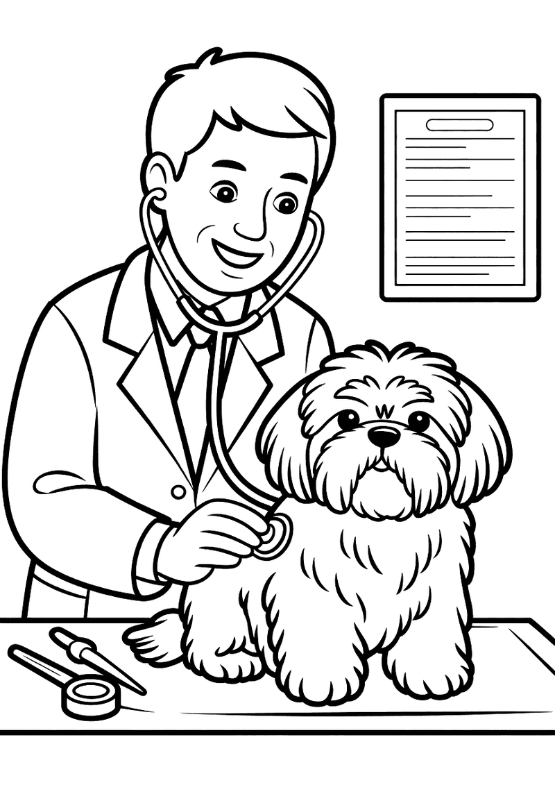 Kleurplaat van een lachende dierenarts in witte jas die een Shih Tzu op een behandeltafel onderzoekt met een stethoscoop