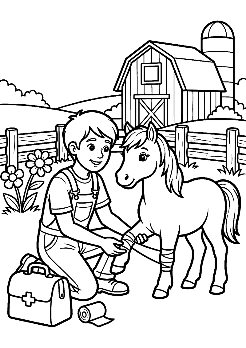 Kleurplaat van een dierenarts die op de boerderij een verband om de poot van een pony wikkelt