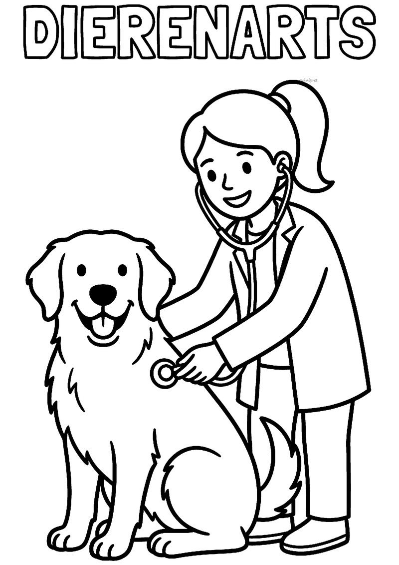 Kleurplaat van een dierenarts met paardenstaart en witte jas die met een stethoscoop naar een grote hond luistert