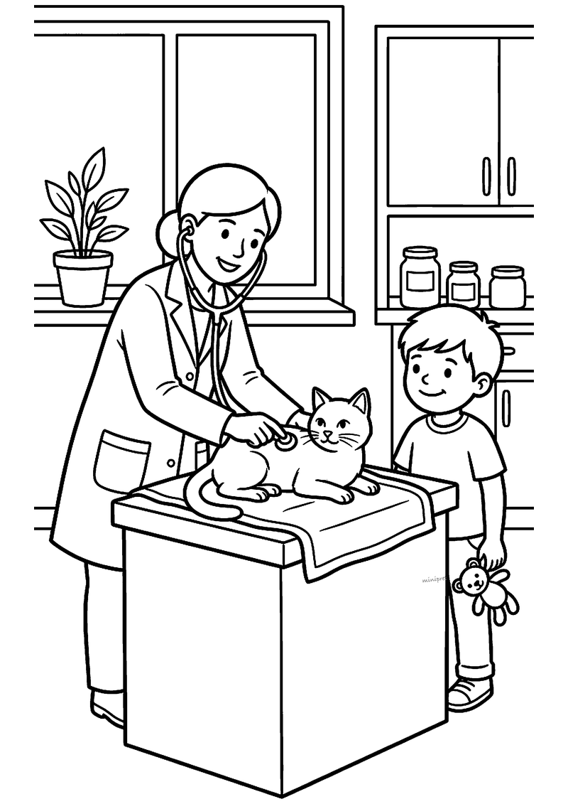 Kleurplaat van een dierenarts die een kat op een handdoek onderzoekt, met een jongen met knuffelbeer ernaast