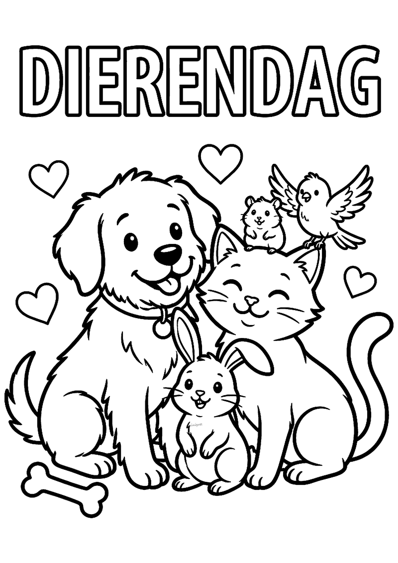 Kleurplaat met tekst Dierendag: hond, kat, konijn, een hamster op de kop van de kat en een vogel tussen hartjes