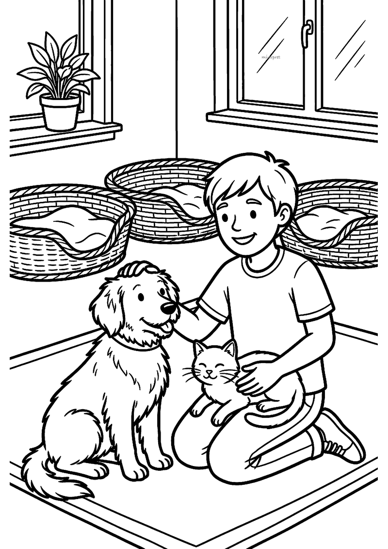 Kleurplaat van een jongen die knielt bij een hond en een kat, met drie rieten manden en een plant op de vensterbank