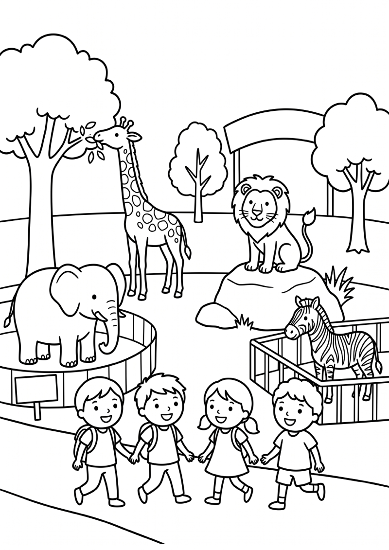 Dierentuin met Kinderen Kleurplaat — gratis kleurplaat