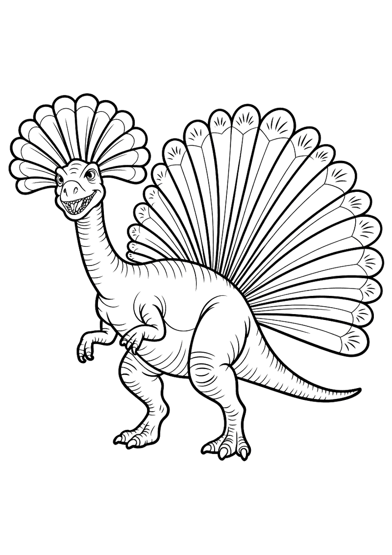 Kleurplaat van een dilophosaurus die rechtop staat en een grote waaier-vormige nekfrill breed uitspreid met een herhalen