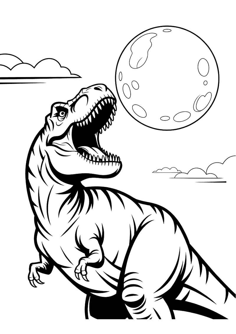 Kleurplaat van een grote T-Rex die zijn kaken wijd openspert en brult terwijl een enorme volle maan achter hem opdoemt e