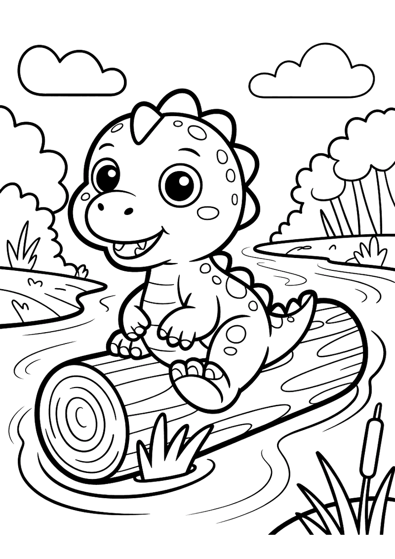Kleurplaat van een vrolijke baby dinosaurus met rugstekels die op een dikke boomstam zit en over een rivier met waterpla