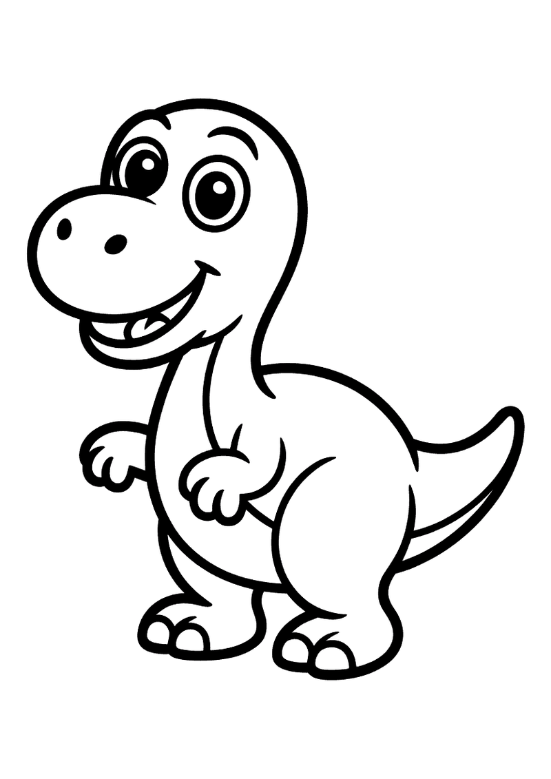 Kleurplaat van een vrolijke staande dinosaurus met dikke eenvoudige lijnen, grote ogen en een brede lach, geschikt voor