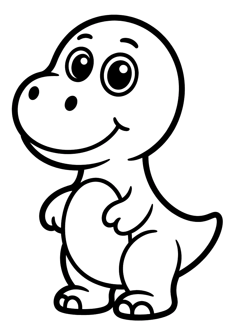 Kleurplaat van een ronde mollige baby dinosaurus met een groot rond hoofd, enorme ogen en een vriendelijke blik, geschik