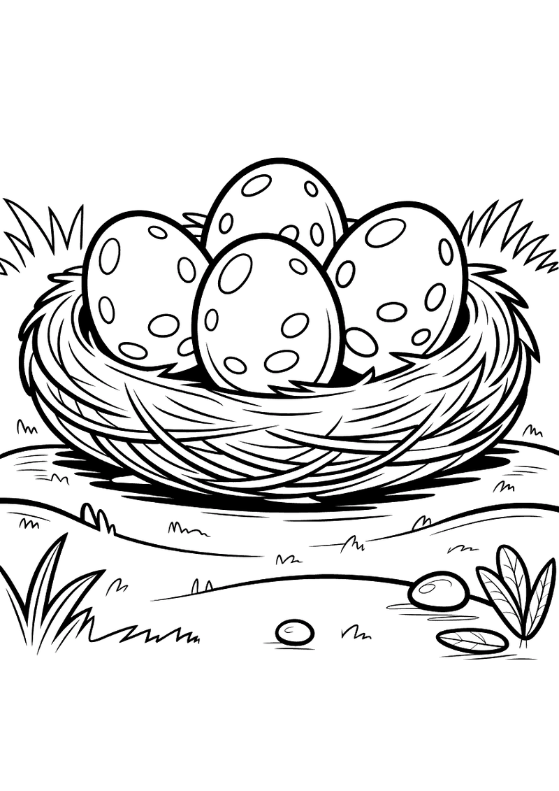 Kleurplaat van vier grote gevlekte dinosauruseieren die comfortabel in een rond nest van takjes en droog gras liggen