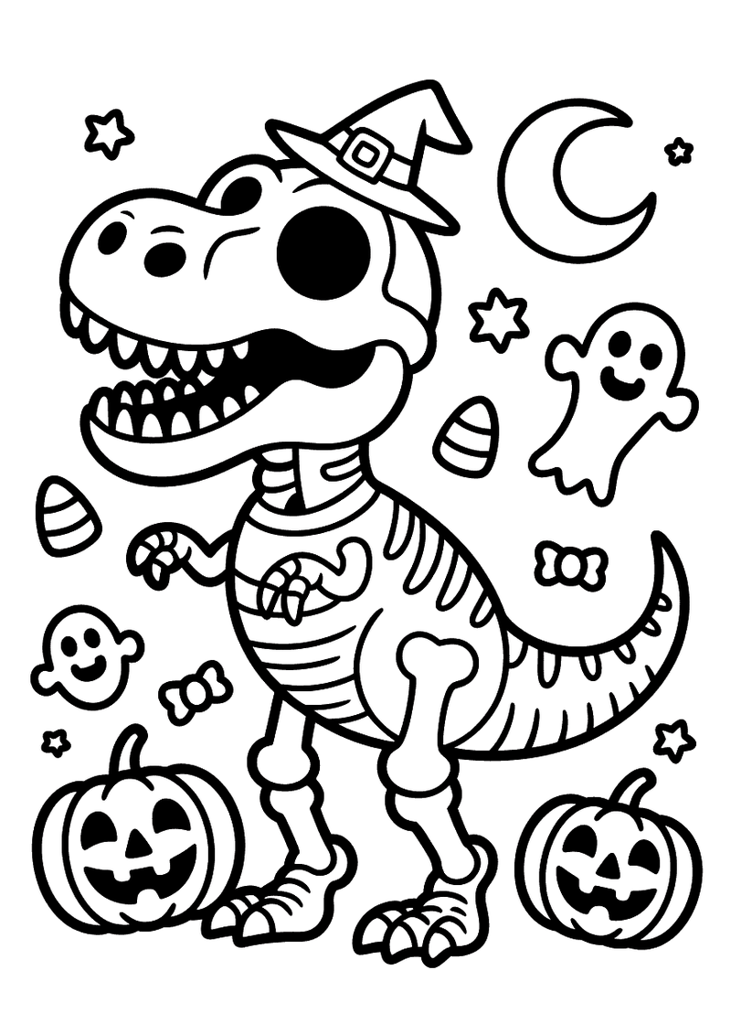 Kleurplaat van een T-Rex skelet met heksenhoed omringd door jack-o-lantern pompoenen, een spook, snoep en sterren voor H