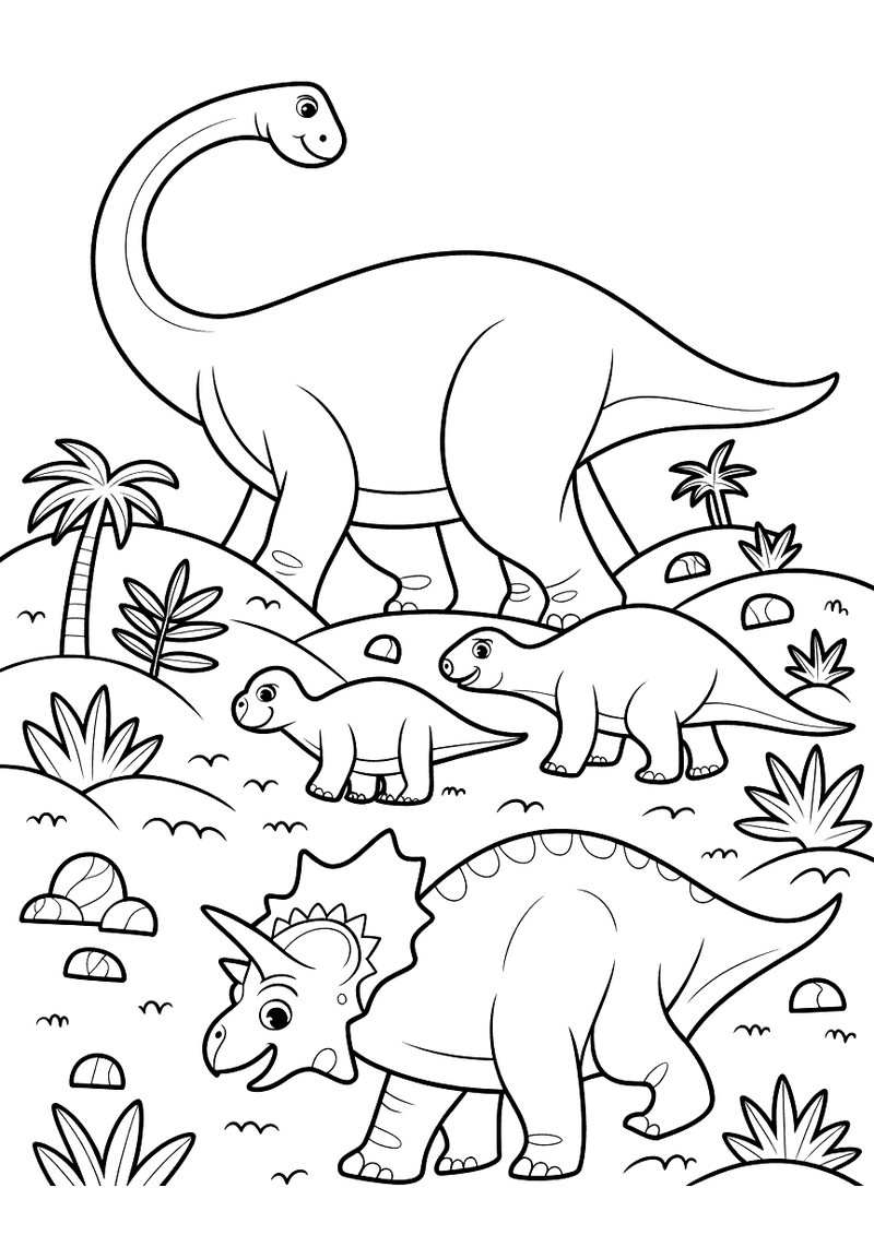 Kleurplaat van vier dinosaurussen van verschillende soorten en groottes die samen door een open prehistorisch landschap