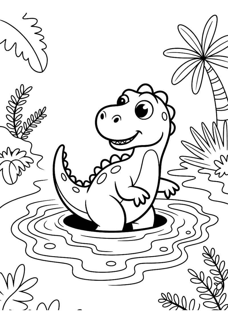 Kleurplaat van een vrolijke dinosaurus met een kralenketting die in een ondiepe teerput staat omgeven door lianen en tro