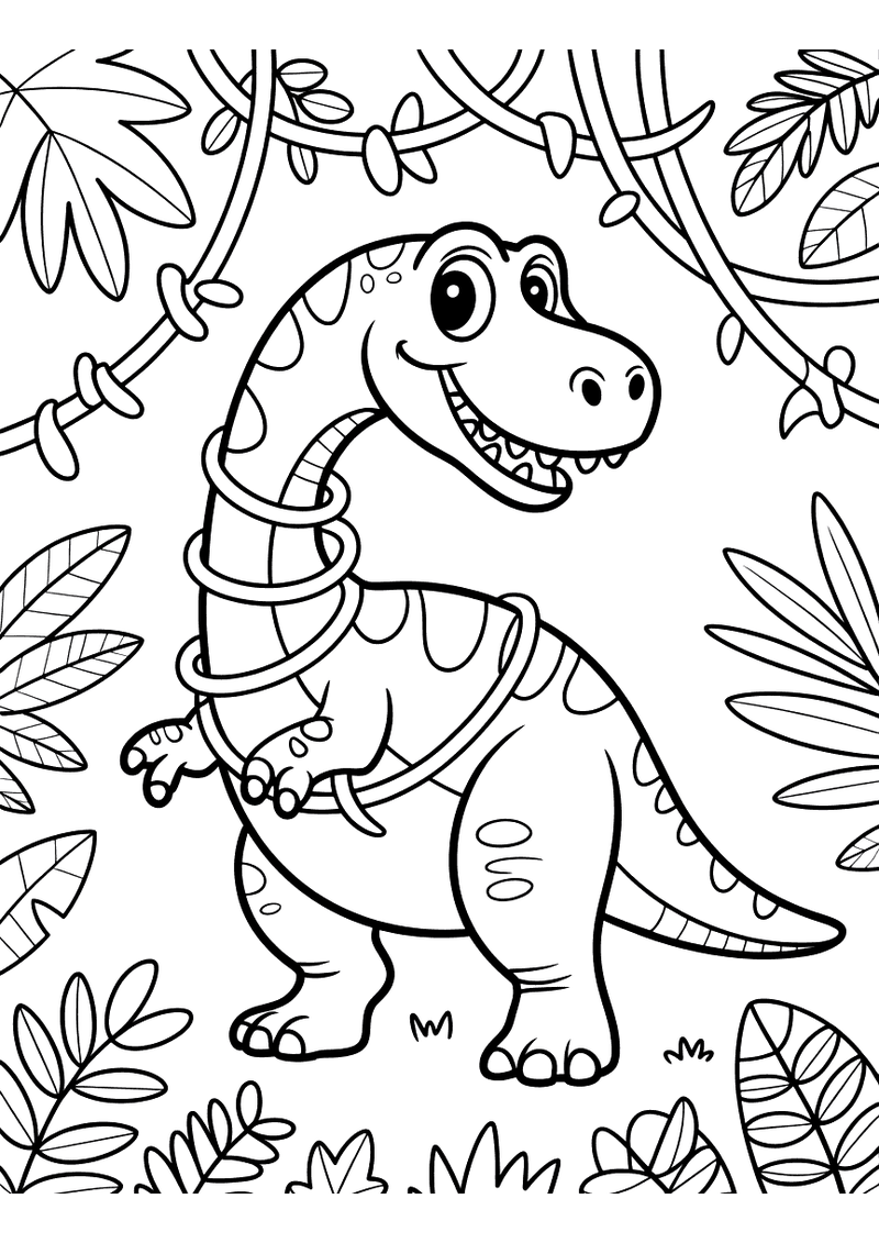 Kleurplaat van een grote lachende dinosaurus die verstrikt zit in dikke lianen en klimplanten in een weelderig junglelan