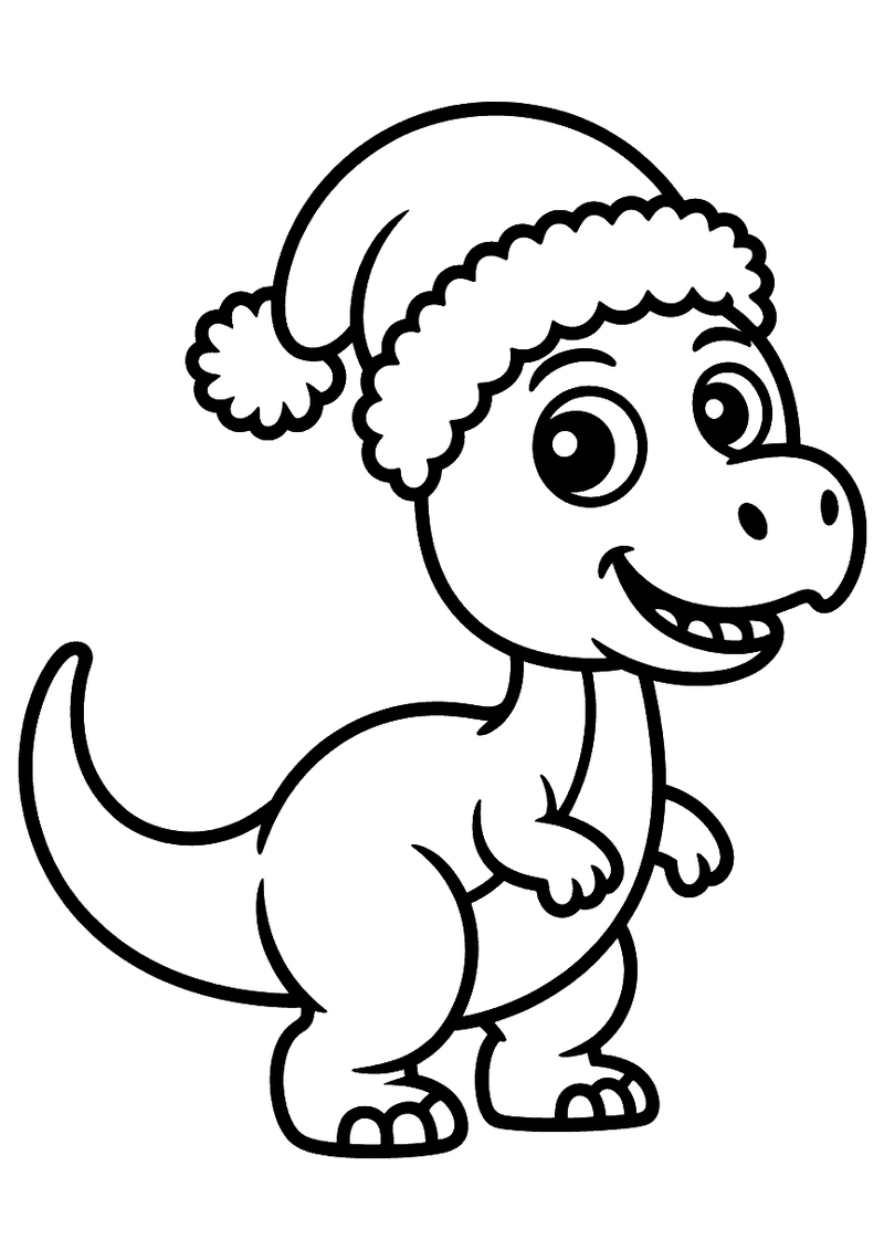 Kleurplaat van een vrolijke kleine dinosaurus die rechtop staat met een rode kerstmuts met witte rand op zijn hoofd en e